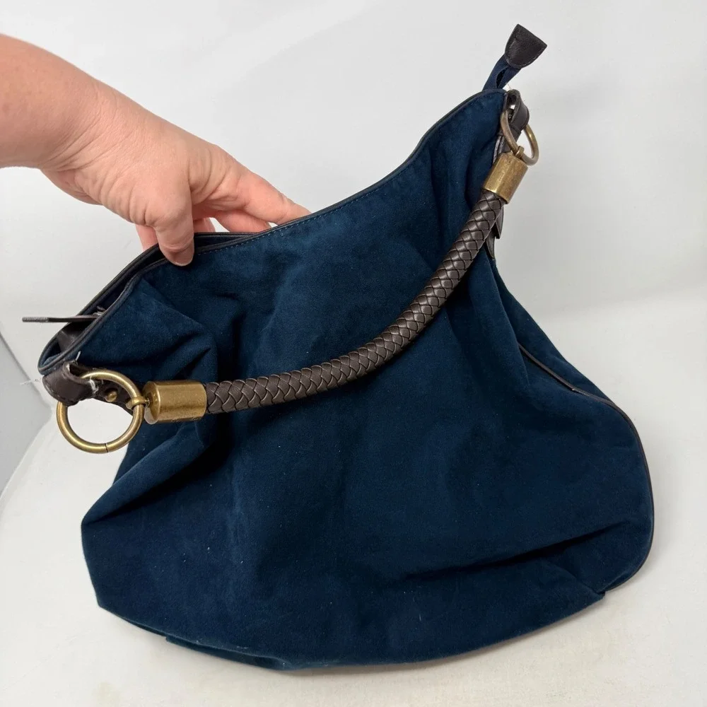 Nine West Navy Blue Faux Suede Hobo Bag Braided Handle Brass Hardware Slouchy - Picture 11 of 12